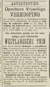 Een advertntie waarin een Westlandsche tuin wordt aangeboden in de Nieuwe Westlandsche Courant in 1900